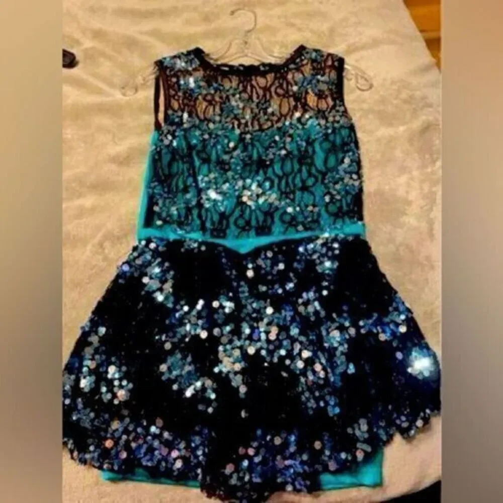 Adult Small 3pc Dance Costume Turquoise & Black With Sequins Fringe Leotard Tap